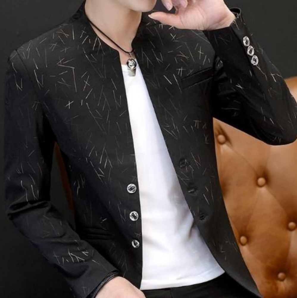 Mens Slim Round Stand Collar Pattern Blazer